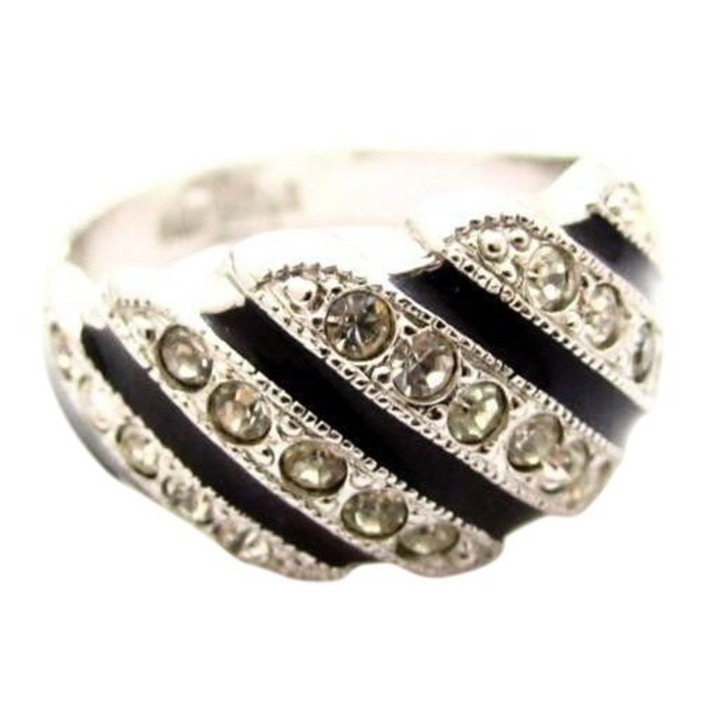 Vintage Clark & Coombs Signed Black Enamel Clear Stone Sterling Silver Ring*8.25